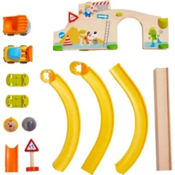 HABA Kullerbu At The Construction Site Play Track - 13 Piece Starter Set With 2 Vehicles And Ball Drop - Ages 2 And Up